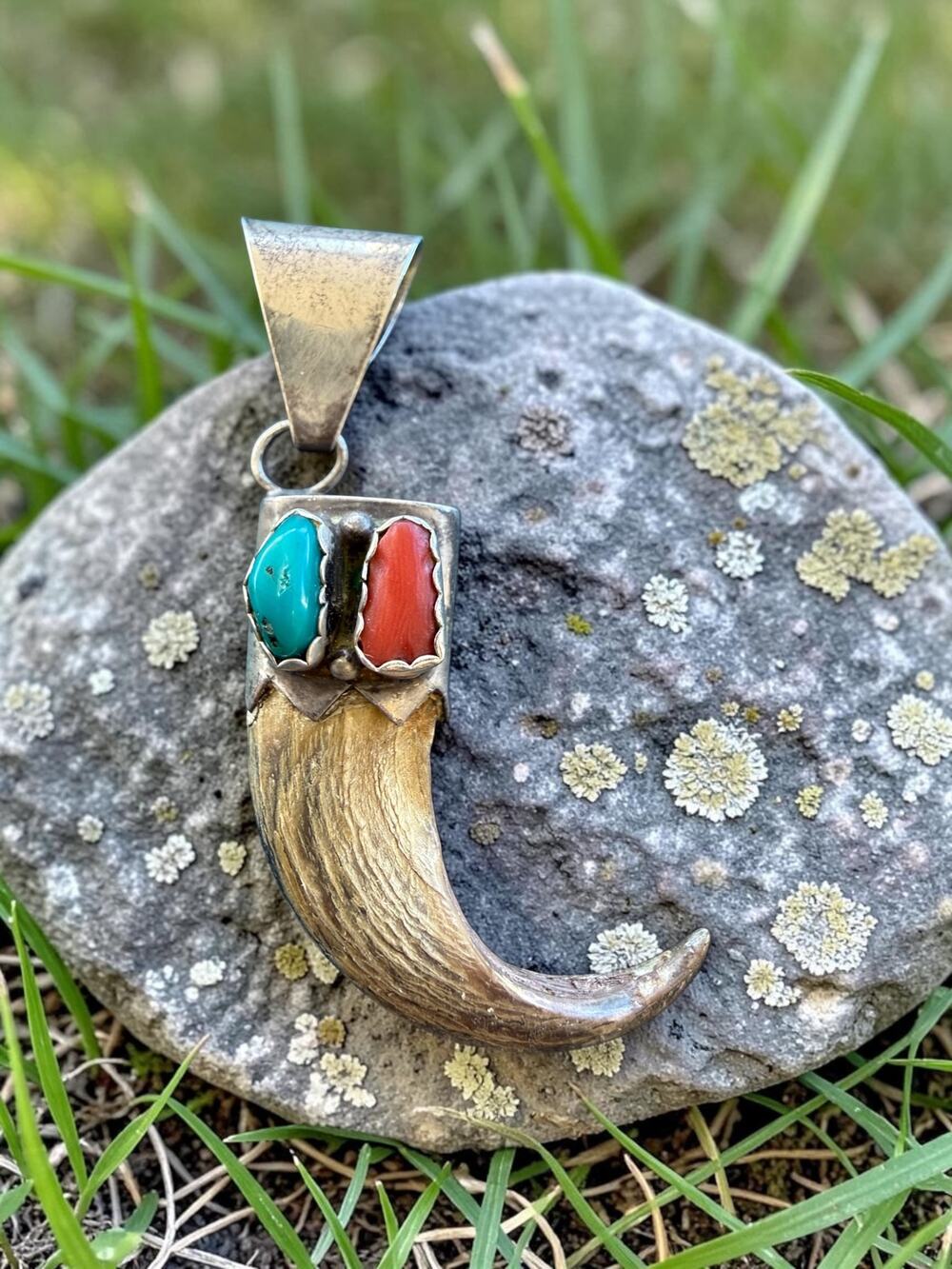 Vintage Sterling Silver Bear Claw Pendant With Coral & Turquoise Cabachons